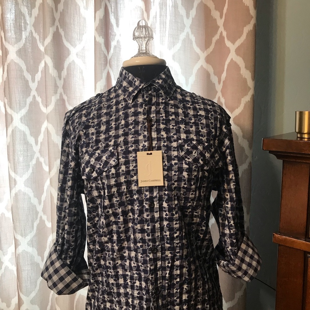 NWT James Campbell ⚜️ Navy Plaid Design Shirt - Picture 2 of 8